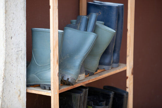 Ensemble de bottes de pluie de diff&eacute;rentes taille et de diff&eacute;rente couleurs, rang&eacute;es &agrave; l'abri sur une &eacute;tag&egrave;re en bois.