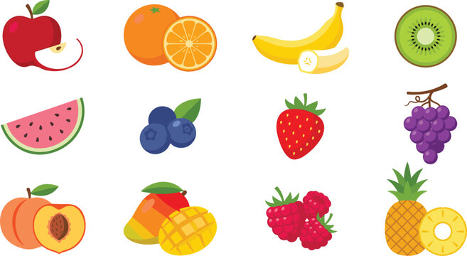 Fresh organic fruit vector icon set featuring apple orange banana kiwi strawberry watermelon pineapple mango peach grapes and berries