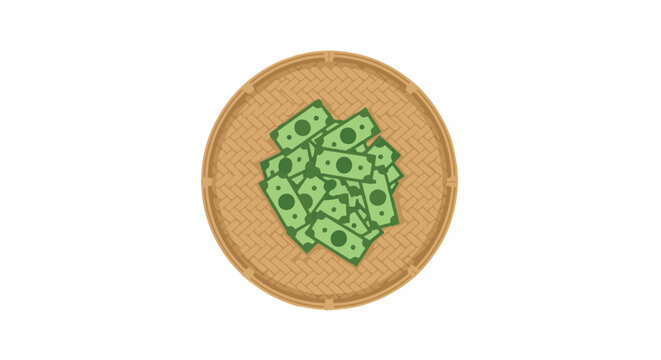 Illustration of rolled money stack on wooden plate.