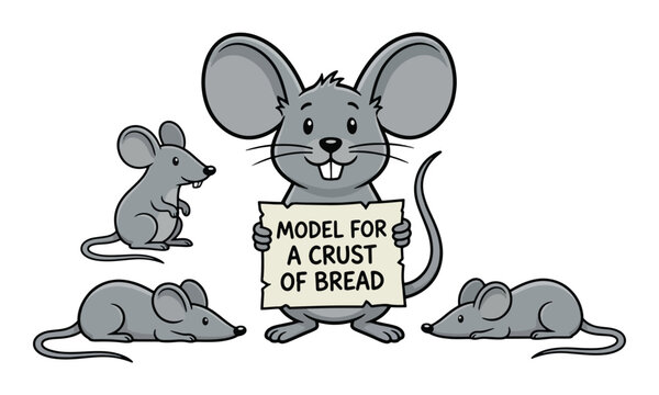 Gray cartoon mouse holding sign with mice poses on white background