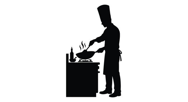 Chef Silhouette Cooking At Stove With Transparent Background