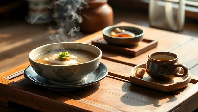 Traditional Japanese seafood breakfast set on a low rustic wooden table steaming