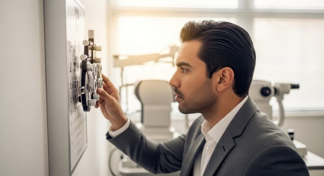 A man in a suit examining an eye chart in a medical office.