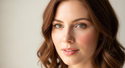Naklejka premium A woman with long, wavy brown hair, wearing a white top, standing in front of a white background.