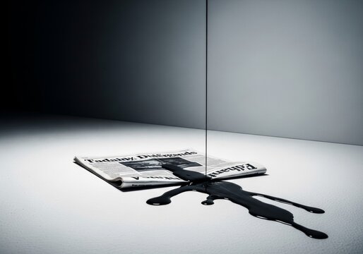 Black ink dripping onto open newspaper on white surface. Conceptual photography of dark information or fake news. Media manipulation and censorship metaphor in journalism industry.