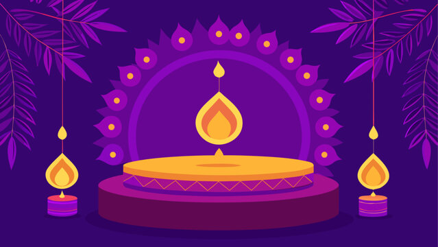 Diwali, Deepavali, Festival of Lights, Purple, Vector Illustration, Diya Lamps, Decorative Elements