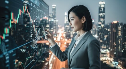 Fototapeta premium A businesswoman in a suit using a touch screen in a modern office with a city skyline in the background.