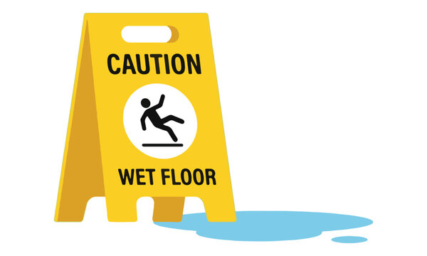 Yellow Wet Floor Caution Sign with Water Puddle on White Background
