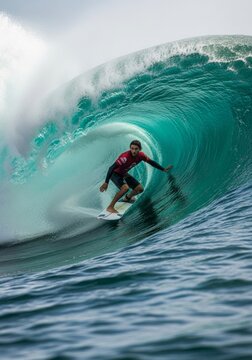 Surfer riding inside a large ocean wave. Male athlete balancing on surfboard during extreme water sport in the sea. Professional ocean surfing competition at high tide. Adventure concept.