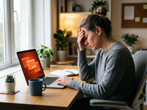 Freelancer facepalming at laptop after accidental delete in home office