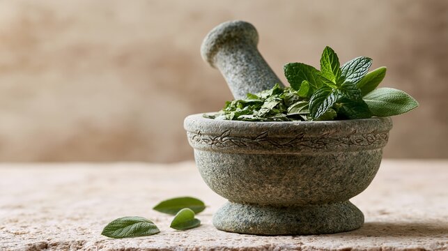 Stone mortar with fresh and dried herbs