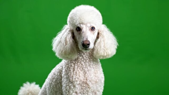 A white poodle dog with a fluffy coat sits attentively, captured against a vibrant green screen for versatile use