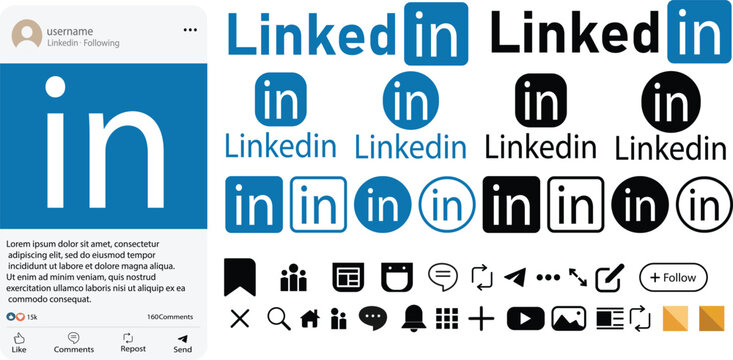 LinkedIn social media icons and logos in various styles. Linkedin application icon bundle including user profile UI. LinkedIn brand icons and buttons
