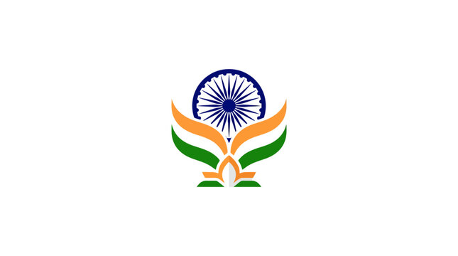 Abstract Indian Emblem Logo with Ashoka Chakra and Saffron Green Lotus Design