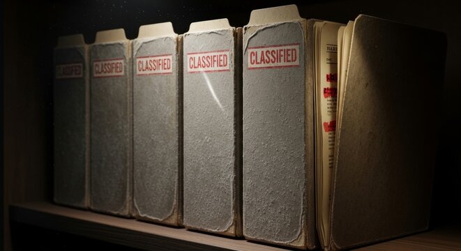 Classified paper folders standing on dark wooden office shelf. Confidential archive documents and secret research records. Mystery, government intelligence and business information concept.