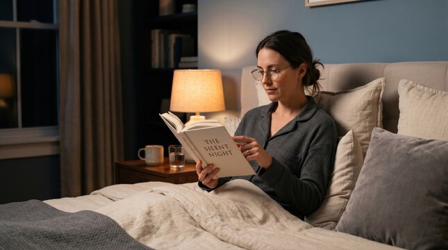 Woman bedtime book ritual with reading glasses lamp glow wellness scene
