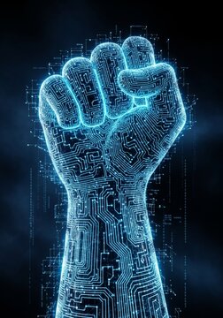 Digital fist made of glowing circuit board lines. Concept of power, revolution and strength in cyber space. Futuristic computer network, artificial intelligence and high tech innovation.