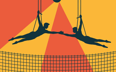 Graphic illustration of two aerialists reaching for each other on trapeze with safety net below aerialist silhouette © Urmi Bagum Urme