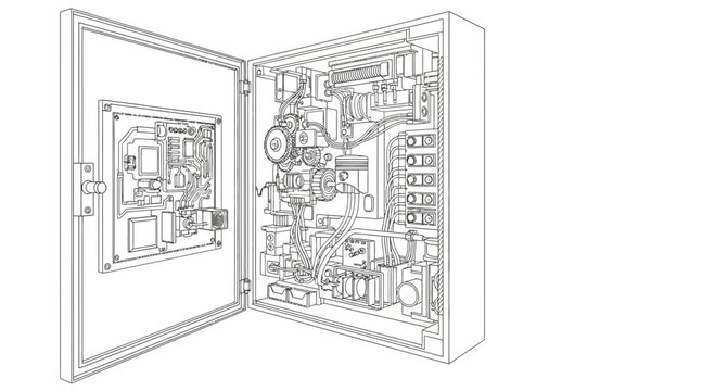 Detailed schematic line illustration of an open industrial control panel revealing intricate electronic components and complex wiring for advanced system management