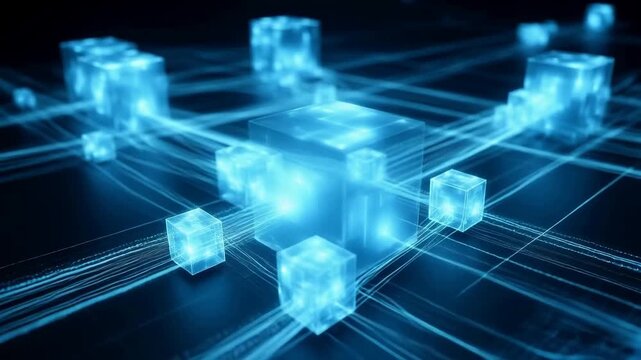 Digital network of glowing blue cubes connected by lines, representing data flow and connectivity in a futuristic technology environment.