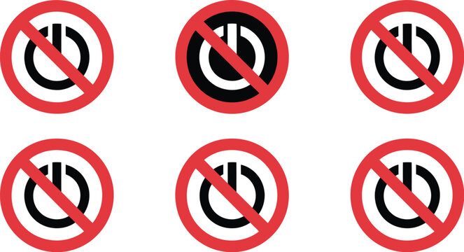 Power off, prohibition icon illustration, vector warning symbol with red forbidden mark on power button representing shutdown restriction safety and control system concept.