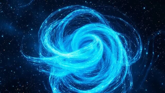 A swirling blue energy vortex in outer space with stars and cosmic filaments