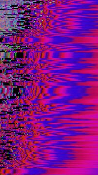 Neon purple and magenta pixel sorting glitch with RGB split distortion flickering on a black background. Seamless loop anchors an edgy EDM music video transition or nightclub VJ loop