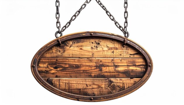 Rustic oval wooden sign with metal trim, suspended by chains