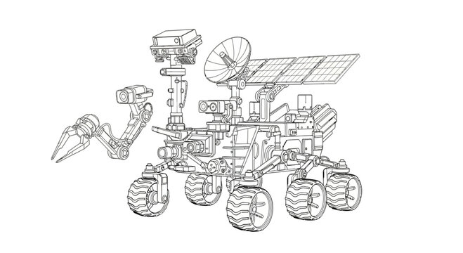 Outline illustration of a Mars rover with solar panels and robotic arm on white background