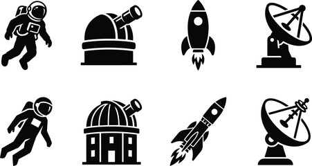 Set of space exploration and astronomy black silhouette icons including astronauts rockets observatories and satellite dishes © MdAbdur