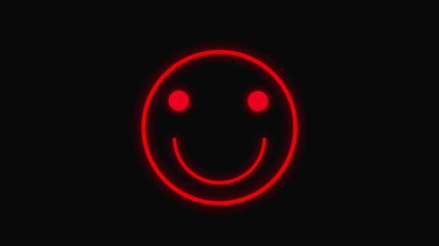 Red neon smiley face emoji on black background layout. Happy face smiley face symbol for cheerful digital chat message. Animated smiley face graphic.