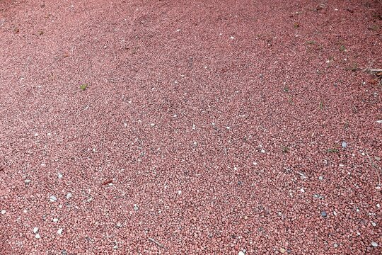 Reddish-brown gravel or rubber mulch ground surface.