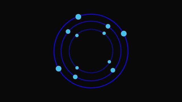 Abstract circular orbiting orbs pattern on black background. Solar system orbiting orbs symbol for cosmic astronomy science. Animated orbiting orbs.