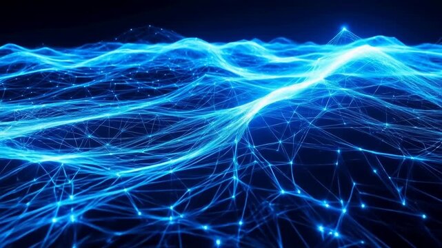Abstract blue digital wave network with glowing nodes and connections