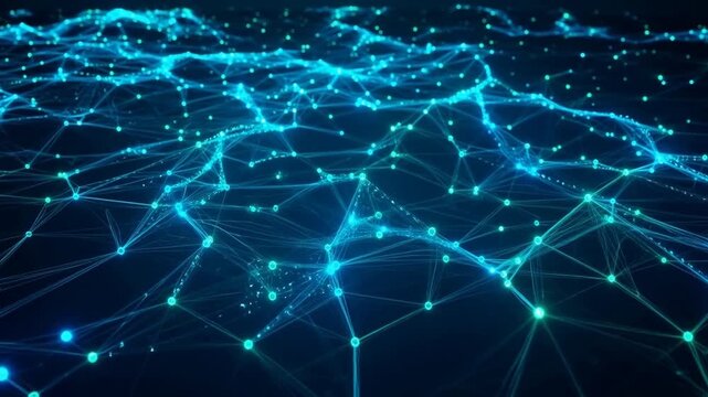 Dynamic blue network of connected nodes and lines forming a futuristic digital web on a dark background