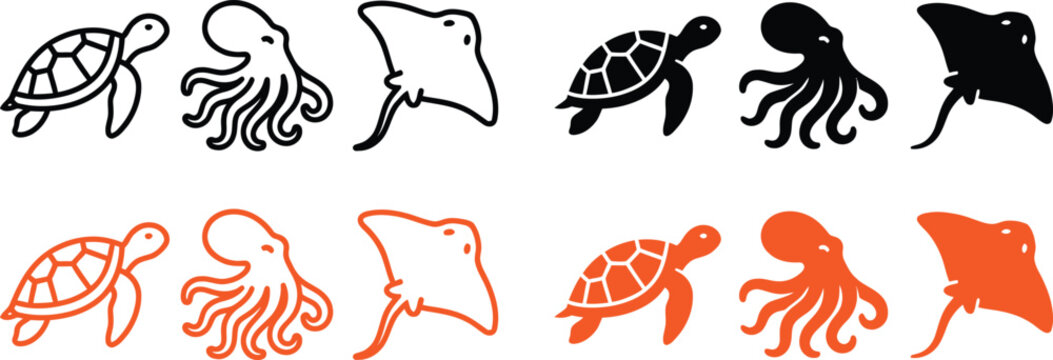 underwater marine life illustrations of sea turtles, squid, stingrays in black and orange