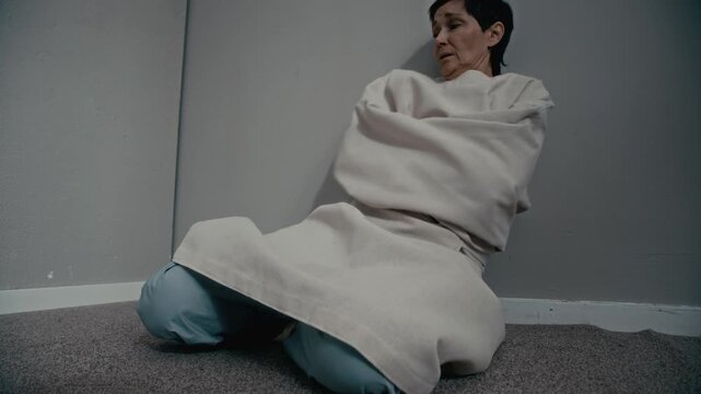 Low angle shot of mid aged Caucasian woman wearing straitjacket sitting on floor of psychiatric ward, looking anxious. Clip is perfect for mental health awareness campaigns and medical training videos