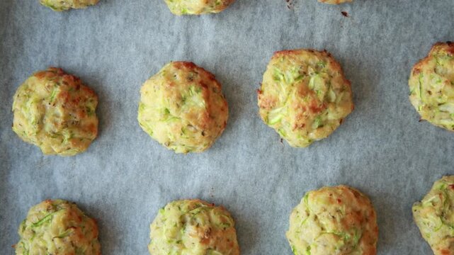 Close-up of golden, crispy baked zucchini tots freshly cooked and resting on a baking sheet lined with parchment paper