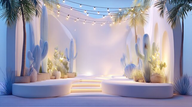 Modern outdoor stage design with glowing lights, cacti, and a soothing ambiance for events and presentations