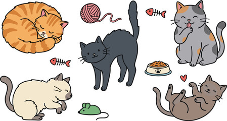 Fototapeta premium Cute Domestic Cat Collection with Sleeping Playing Grooming and Relaxing Kittens Cartoon Pet Vector Illustration Set