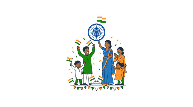 Indian Family Celebrating Independence Day with National Flag