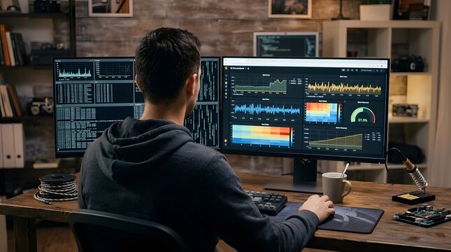 Professional Data Scientist and Software Developer Analyzing Complex Analytics and Code on Multiple Monitors in a High-Tech Home Office Setup