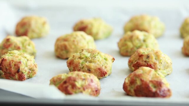 Close-up of golden, crispy baked zucchini tots freshly cooked and resting on a baking sheet lined with parchment paper