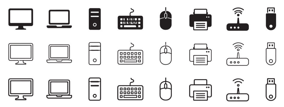 Computer Vector Outline Icons Set, Desktop Technology Device Symbols Collection, Modern IT Hardware UI UX Interface Elements