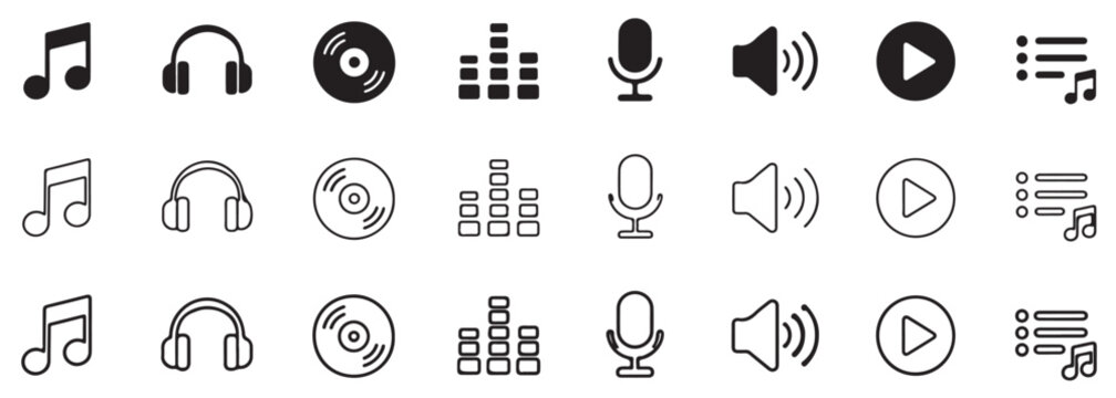 Music Vector Outline Icons Set, Audio Sound Entertainment Symbols Collection, Modern Media Player UI UX Elements for Apps
