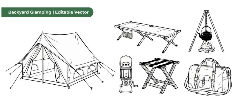 Camping outline vector icon set with tent campfire lantern and gear for outdoor adventure illustration. Black and white sketch graphics of glamping equipment, travel accessories, and design elements.