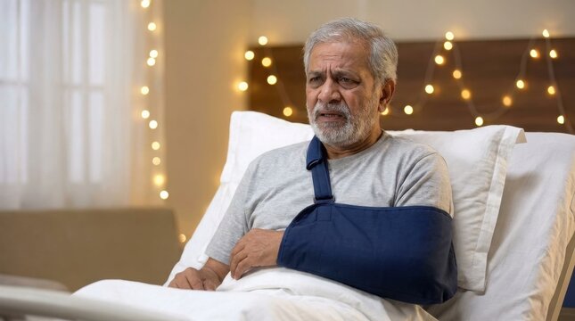 An elderly Indian man with a beard sitting in a hospital bed wearing a blue arm sling for support.