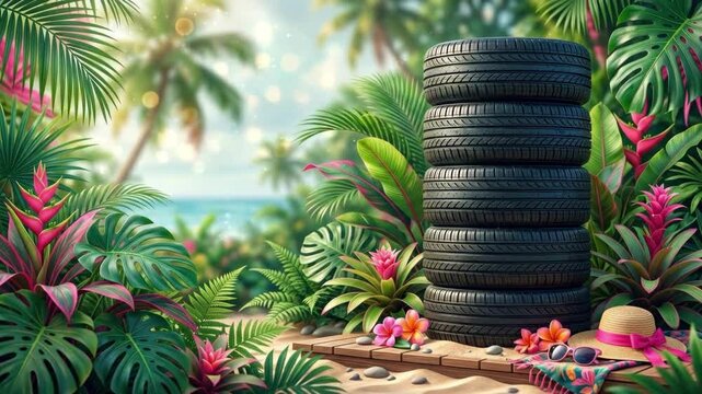 Stack of black tires on wooden platform at tropical beach. Surreal paradise scene with palms monstera leaves hibiscus orchids frangipani flowers beach hat sunglasses colorful towel. Summer vacation