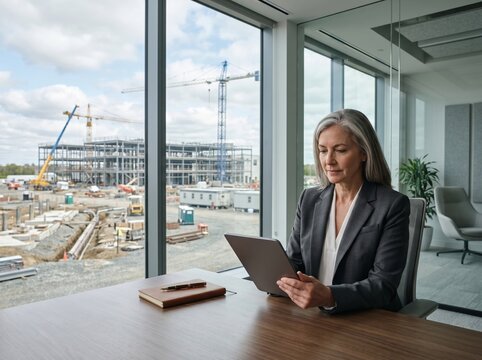 CFO reviewing capex plan on tablet with server campus construction behind
