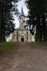Naklejka premium Epic mystery neo gothic lutheran church ancient architecture vertical panorama. Cinematic low angle view of historic limestone cathedral facade, spire tower, arch and pine dark trees background. 